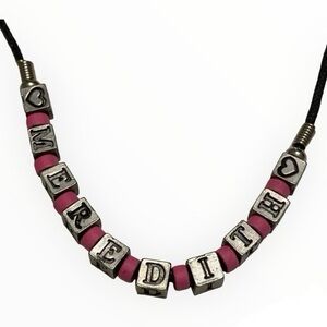 Vintage PEWTER Letter & Heart Cubes with Pink Acrylic beads Necklace 16” Black
